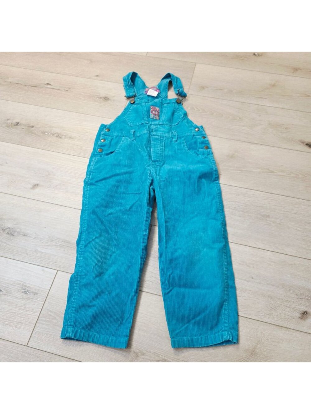 Vtg Girls Vibrant Teal OshKosh B'gosh Corduroy J.P.I Floral Patch Overalls Sz 6